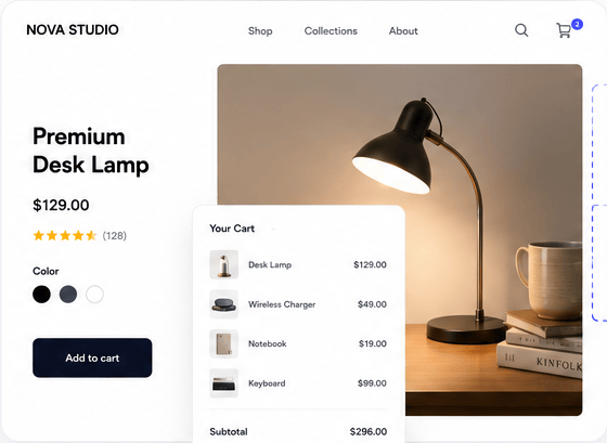 Nova Studio storefront showing a premium desk lamp and shopping cart
